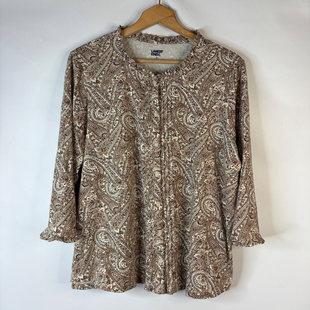 Lands End Button Up Top Womens XL Brown Paisley Ruffle Neck 3/4 Sleeve Jersey
